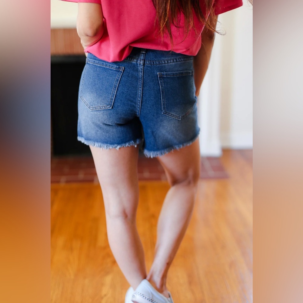 American Flag High Rise Frayed Hem Denim Shorts - Picture 2 of 3